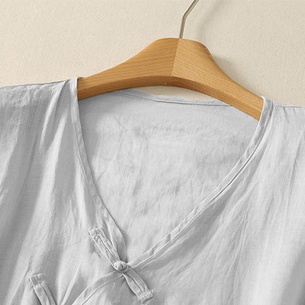 Buddha Stones Casual Zen Plain Slanted V-Neck Chinese Frog-Button Design Women's Cotton Shirt