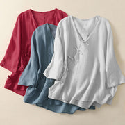Buddha Stones Casual Zen Plain Slanted V-Neck Chinese Frog-Button Design Women's Cotton Shirt