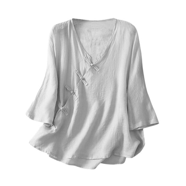 Buddha Stones Casual Zen Plain Slanted V-Neck Chinese Frog-Button Design Women's Cotton Shirt