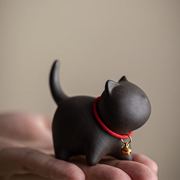 Buddha Stones Mini Lovely Red Rope Bell Cat Tea Pet Purple Clay Figurine Desk Decoration
