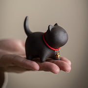 Buddha Stones Mini Lovely Red Rope Bell Cat Tea Pet Purple Clay Figurine Desk Decoration