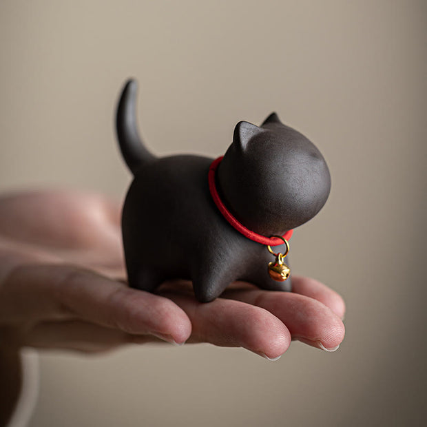 Buddha Stones Mini Lovely Red Rope Bell Cat Tea Pet Purple Clay Figurine Desk Decoration