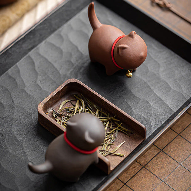 Buddha Stones Mini Lovely Red Rope Bell Cat Tea Pet Purple Clay Figurine Desk Decoration