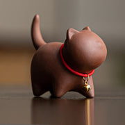 Buddha Stones Mini Lovely Red Rope Bell Cat Tea Pet Purple Clay Figurine Desk Decoration