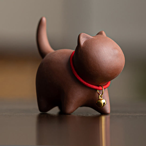 Buddha Stones Mini Lovely Red Rope Bell Cat Tea Pet Purple Clay Figurine Desk Decoration