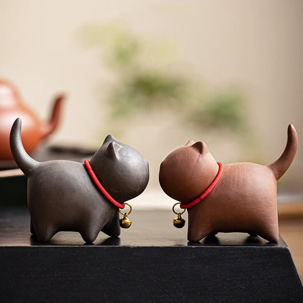 Buddha Stones Mini Lovely Red Rope Bell Cat Tea Pet Purple Clay Figurine Desk Decoration
