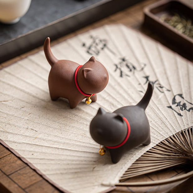 Buddha Stones Mini Lovely Red Rope Bell Cat Tea Pet Purple Clay Figurine Desk Decoration