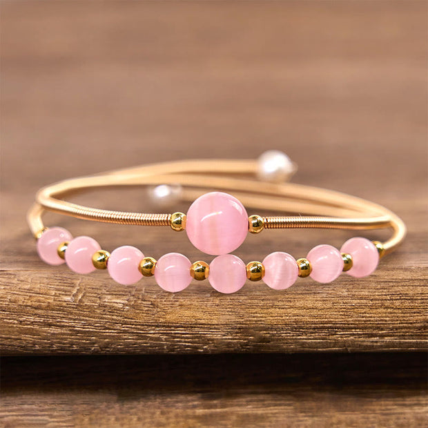 Buddha Stones 14K Gold Filled Copper Pink Cat Eye Support Metal Cuff Bracelet Bangle