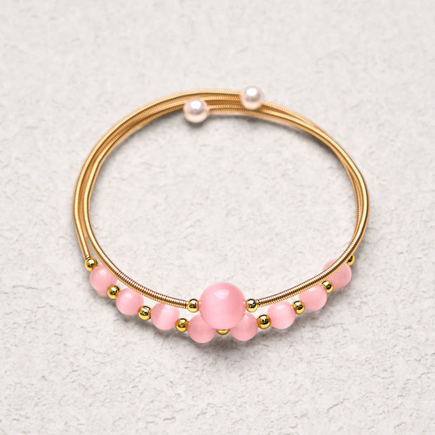 Buddha Stones 14K Gold Filled Copper Pink Cat Eye Support Metal Cuff Bracelet Bangle
