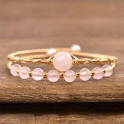 Buddha Stones Natural Rose Quartz Love Healing Metal Cuff Bracelet Bangle