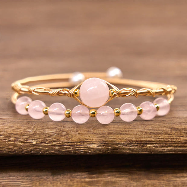 Buddha Stones Natural Rose Quartz Love Healing Metal Cuff Bracelet Bangle