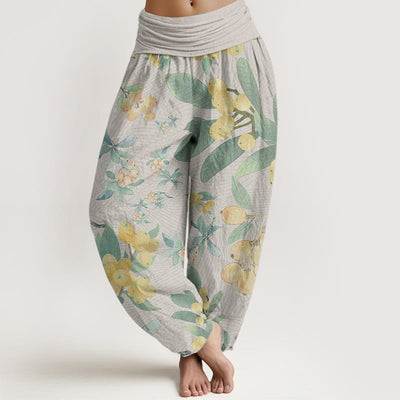 Buddha Stones Pure Cotton Casual Loquat Pattern Women's Elastic Waist Harem Pants