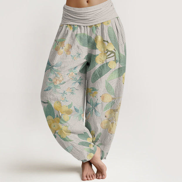 Buddha Stones Pure Cotton Casual Loquat Pattern Women's Elastic Waist Harem Pants