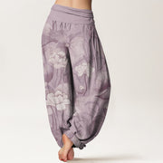 Buddha Stones Pure Cotton Lotus Design Women's Elastic Waist Harem Pants