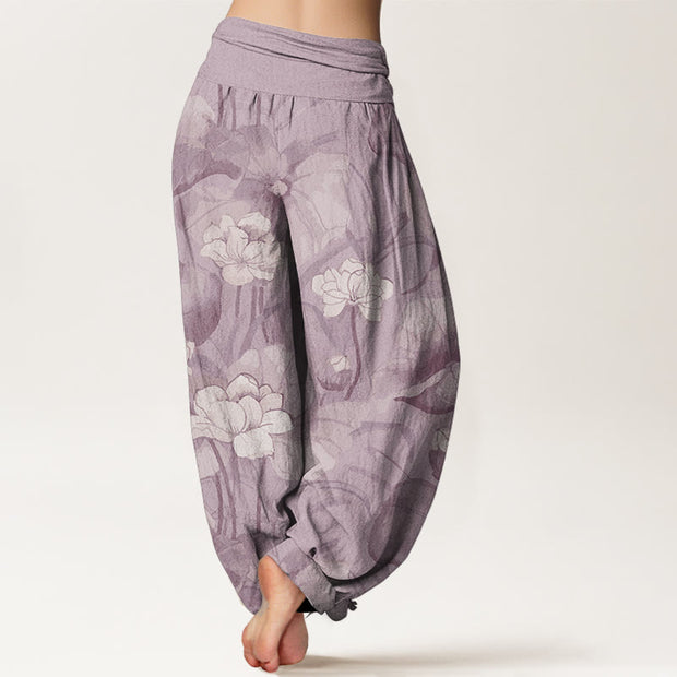 Buddha Stones Pure Cotton Lotus Design Women's Elastic Waist Harem Pants