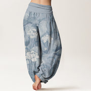 Buddha Stones Pure Cotton Lotus Design Women's Elastic Waist Harem Pants