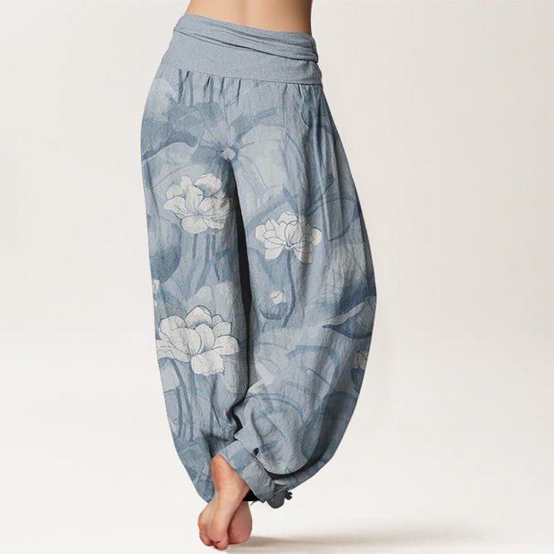 Buddha Stones Pure Cotton Lotus Design Women's Elastic Waist Harem Pants