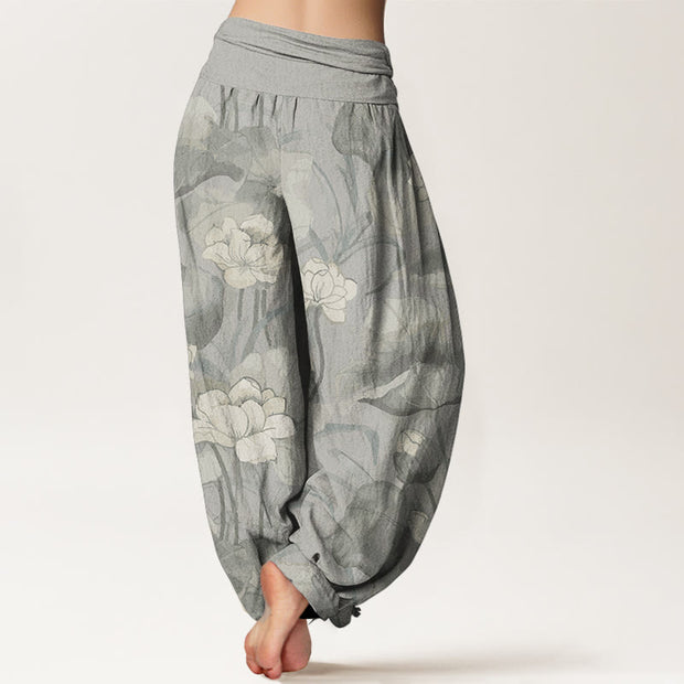 Buddha Stones Pure Cotton Lotus Design Women's Elastic Waist Harem Pants