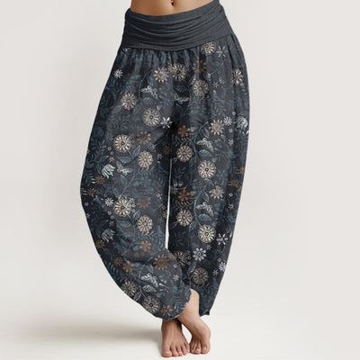 Buddha Stones Pure Cotton Casual New York Aster Flowers Leaves Design Women's Elastic Waist Harem Pants
