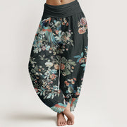 Buddha Stones Pure Cotton Colorful Flowers Birds Leaves Pattern Women's Elastic Waist Harem Pants