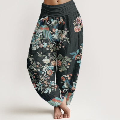 Buddha Stones Pure Cotton Colorful Flowers Birds Leaves Pattern Women's Elastic Waist Harem Pants