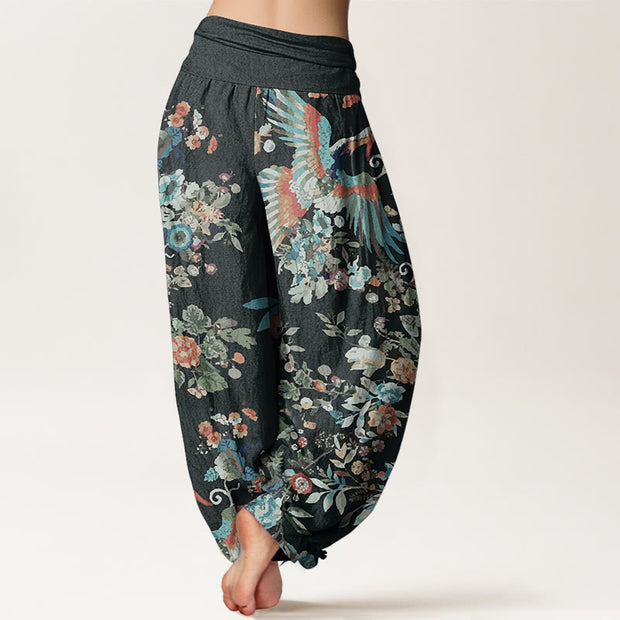 Buddha Stones Pure Cotton Colorful Flowers Birds Leaves Pattern Women's Elastic Waist Harem Pants