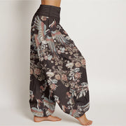 Buddha Stones Pure Cotton Colorful Flowers Birds Leaves Pattern Women's Elastic Waist Harem Pants