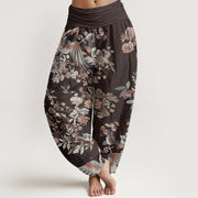 Buddha Stones Pure Cotton Colorful Flowers Birds Leaves Pattern Women's Elastic Waist Harem Pants