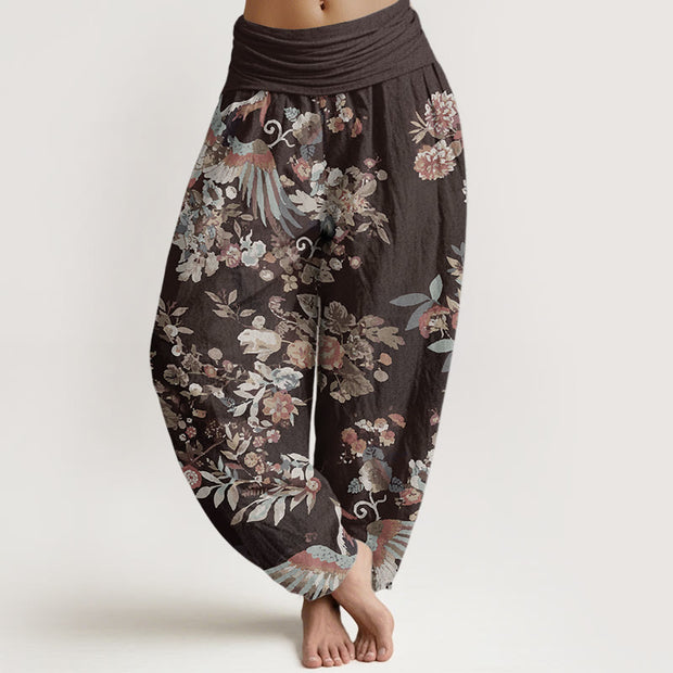 Buddha Stones Pure Cotton Colorful Flowers Birds Leaves Pattern Women's Elastic Waist Harem Pants
