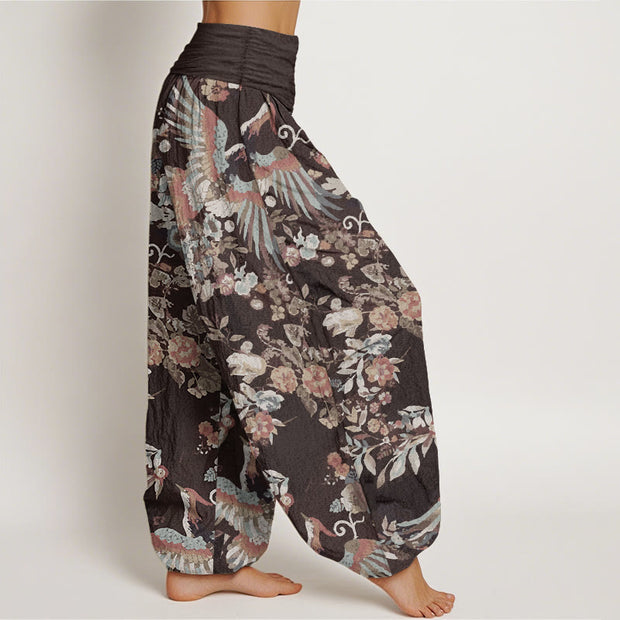 Buddha Stones Pure Cotton Colorful Flowers Birds Leaves Pattern Women's Elastic Waist Harem Pants