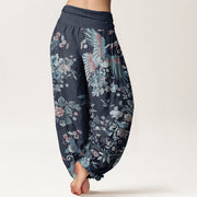 Buddha Stones Pure Cotton Colorful Flowers Birds Leaves Pattern Women's Elastic Waist Harem Pants