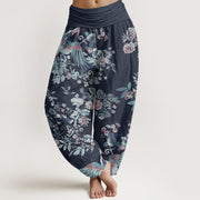 Buddha Stones Pure Cotton Colorful Flowers Birds Leaves Pattern Women's Elastic Waist Harem Pants