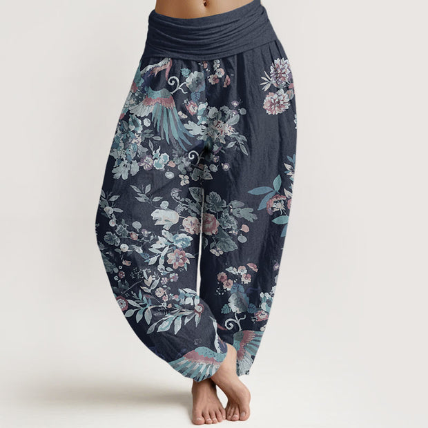 Buddha Stones Pure Cotton Colorful Flowers Birds Leaves Pattern Women's Elastic Waist Harem Pants