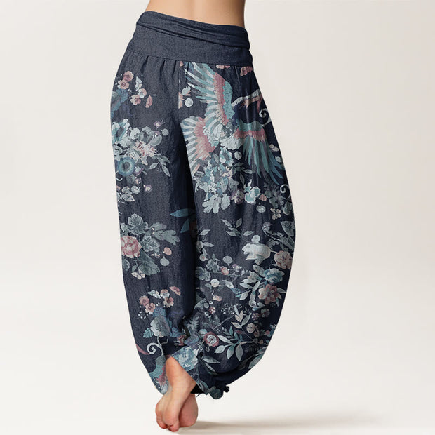 Buddha Stones Pure Cotton Colorful Flowers Birds Leaves Pattern Women's Elastic Waist Harem Pants