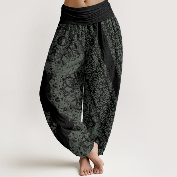 Buddha Stones Pure Cotton Mandala Pattern Parallel Flowers Women's Elastic Waist Harem Pants