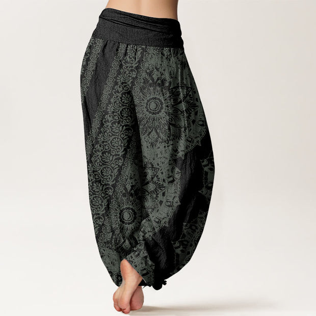 Buddha Stones Pure Cotton Mandala Pattern Parallel Flowers Women's Elastic Waist Harem Pants
