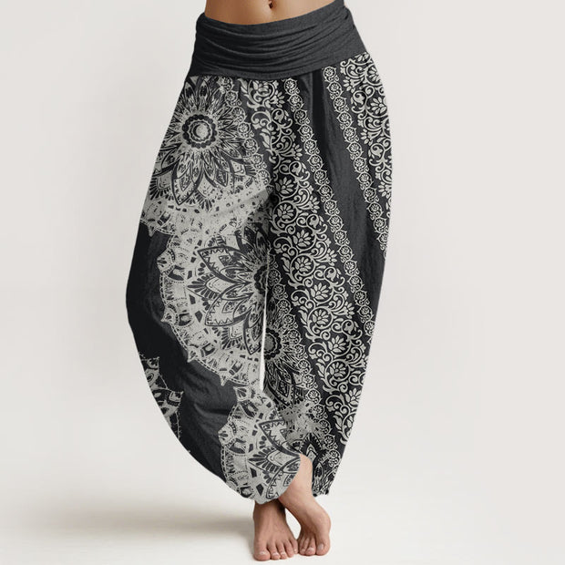 Buddha Stones Pure Cotton Mandala Pattern Parallel Flowers Women's Elastic Waist Harem Pants