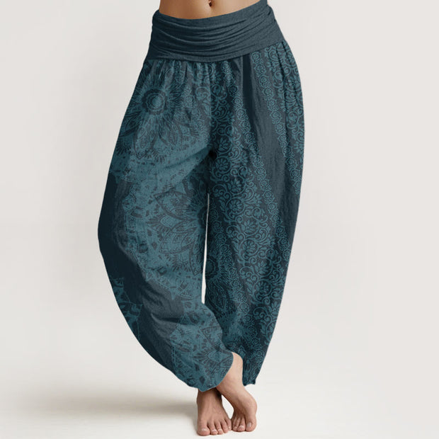 Buddha Stones Pure Cotton Mandala Pattern Parallel Flowers Women's Elastic Waist Harem Pants