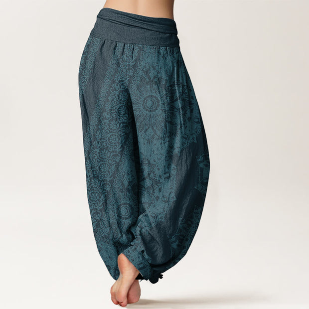 Buddha Stones Pure Cotton Mandala Pattern Parallel Flowers Women's Elastic Waist Harem Pants