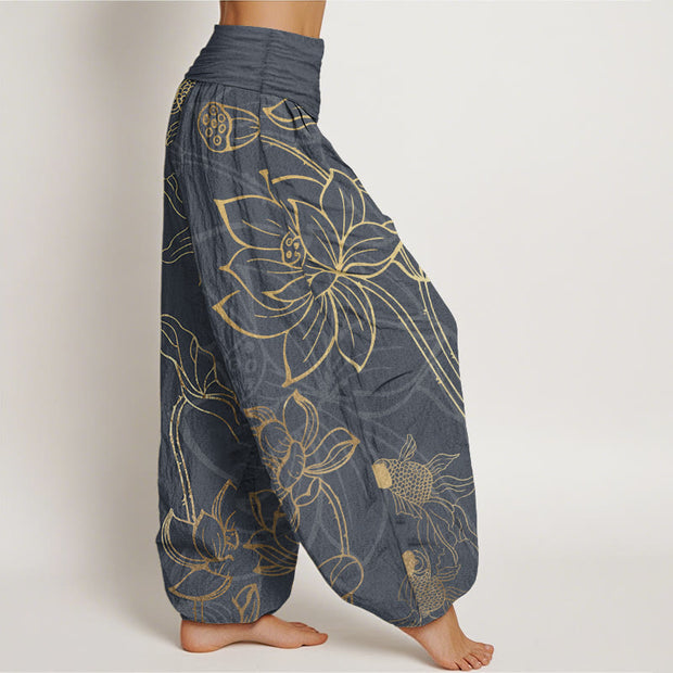 Buddha Stones Pure Cotton Lotus Leaf Koi Fish Women's Elastic Waist Harem Pants - image 7