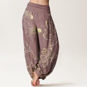 Buddha Stones Pure Cotton Lotus Leaf Koi Fish Women's Elastic Waist Harem Pants
