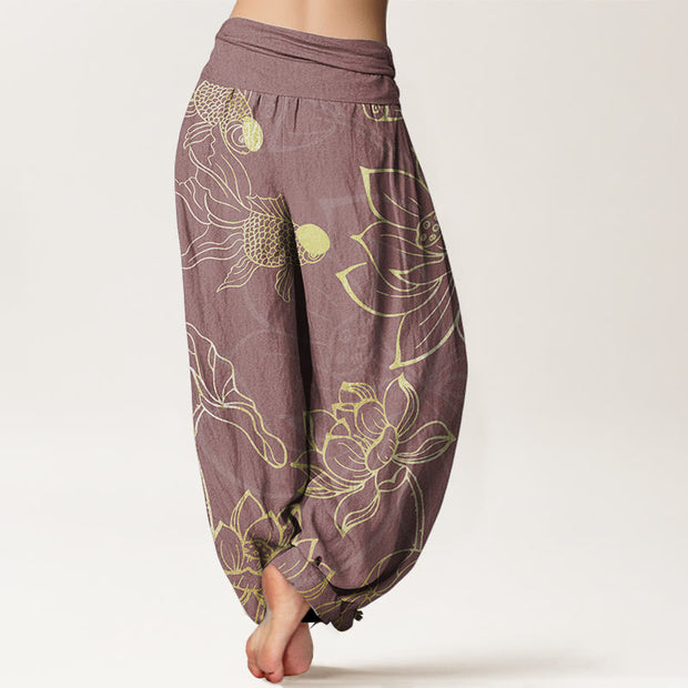 Buddha Stones Pure Cotton Lotus Leaf Koi Fish Women's Elastic Waist Harem Pants
