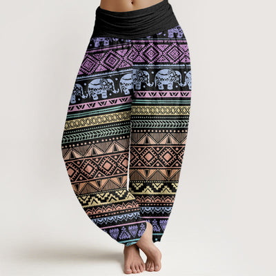 Buddha Stones Pure Cotton Casual Elephant Geometric Figure Women's Elastic Waist Harem Pants