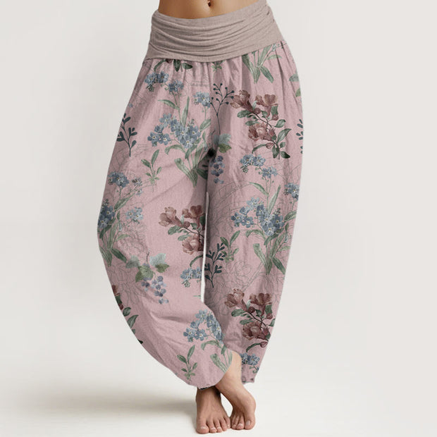 Buddha Stones Pure Cotton Red Blue Flowers Green Leaves Design Women's Elastic Waist Harem Pants