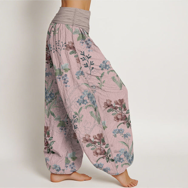 Buddha Stones Pure Cotton Red Blue Flowers Green Leaves Design Women's Elastic Waist Harem Pants