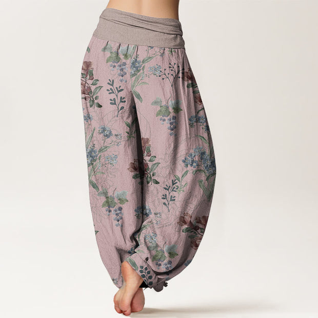 Buddha Stones Pure Cotton Red Blue Flowers Green Leaves Design Women's Elastic Waist Harem Pants