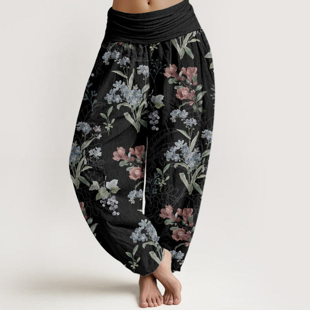 Buddha Stones Pure Cotton Red Blue Flowers Green Leaves Design Women's Elastic Waist Harem Pants