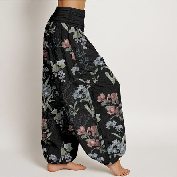 Buddha Stones Pure Cotton Red Blue Flowers Green Leaves Design Women's Elastic Waist Harem Pants