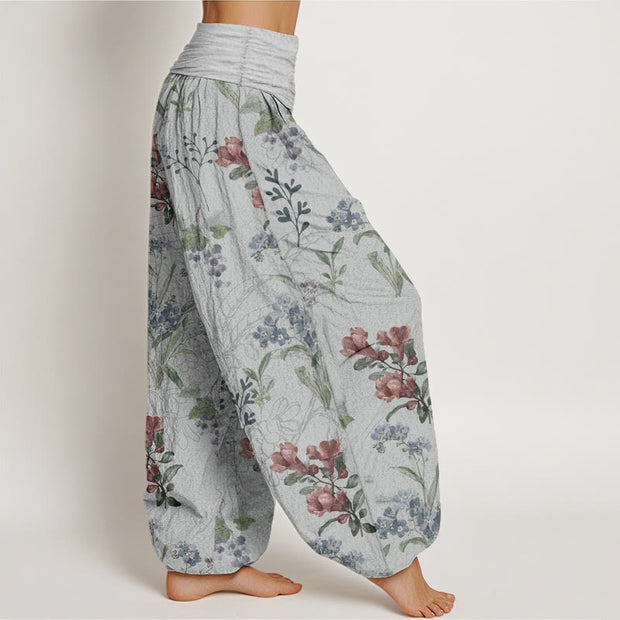 Buddha Stones Pure Cotton Red Blue Flowers Green Leaves Design Women's Elastic Waist Harem Pants