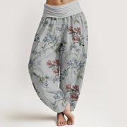 Buddha Stones Pure Cotton Red Blue Flowers Green Leaves Design Women's Elastic Waist Harem Pants